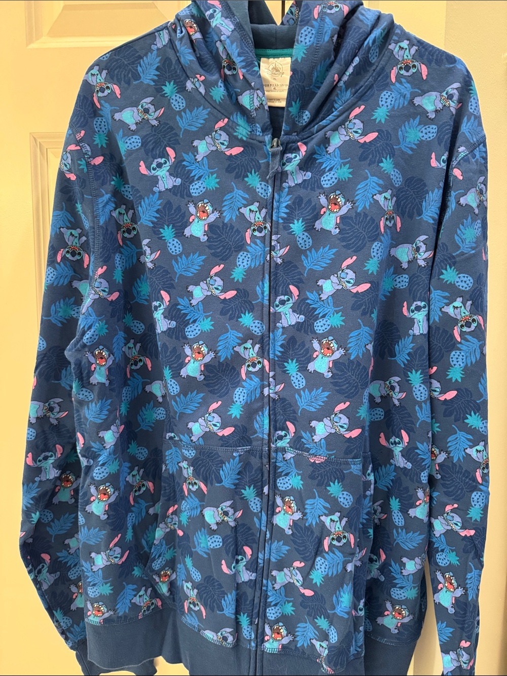 Disney Navy Blue Hooded Zip Jacket with Stitch & Tropical Print XL
